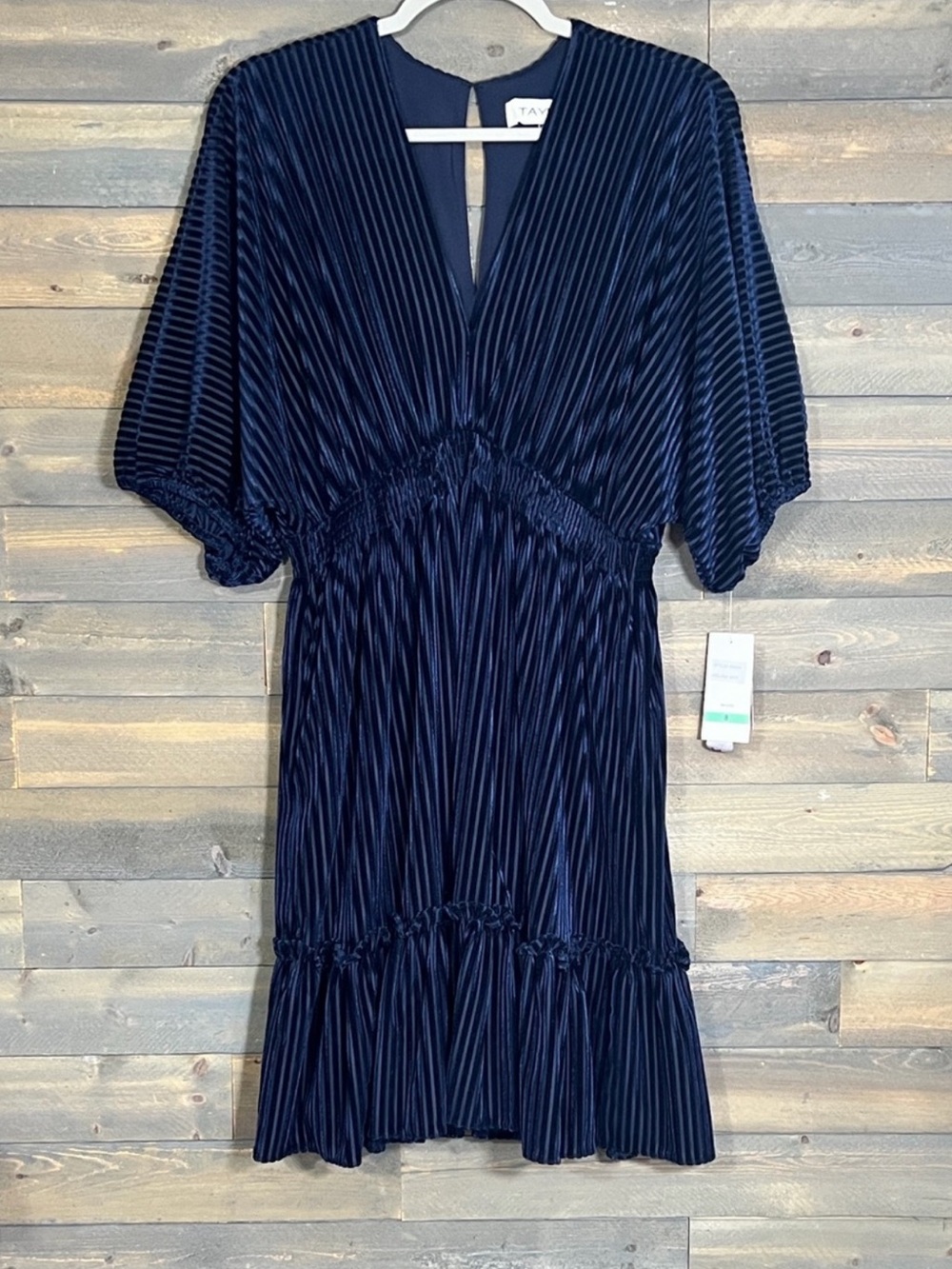 Taylor Navy Pleated V-Neck Midi Dress with Ruffle Hem